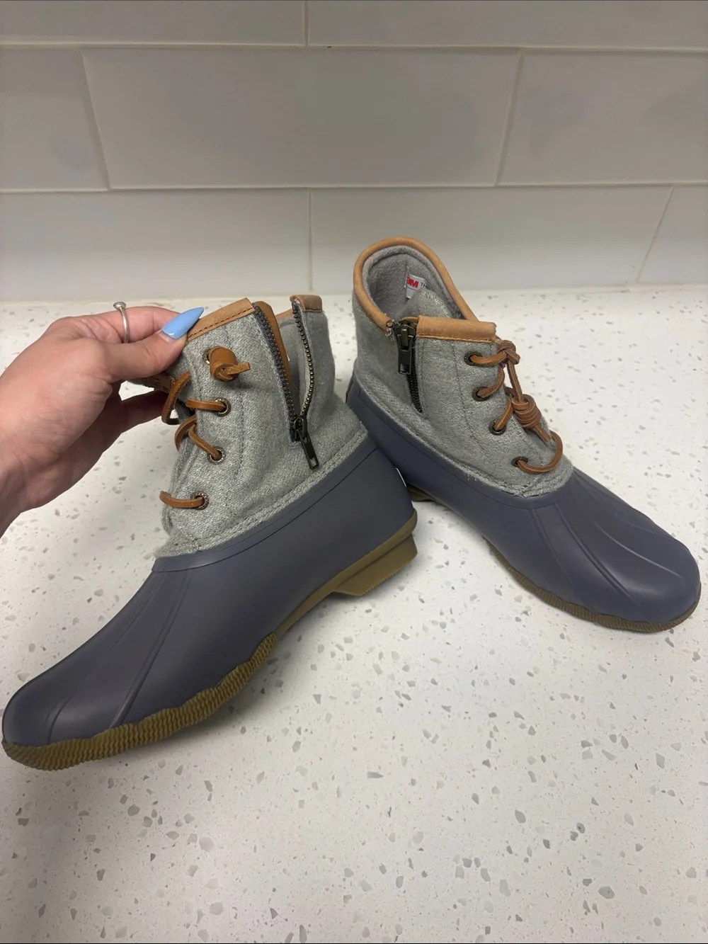 Sperry Gray and Tan Duck-Style Boots